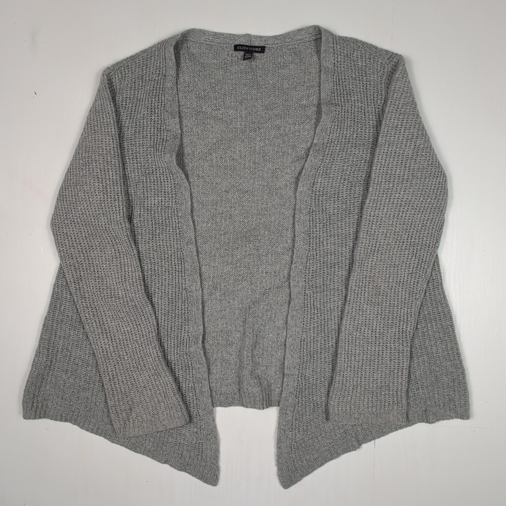 Eileen Fisher 100% Cashmere Grey Open Front Cardigan Sweater Medium Italian Yarn